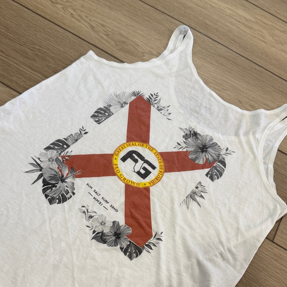 Flo Grown Floral Flag Tank Womens Sz M Graphic Logo Tropical Beach Fish Florida